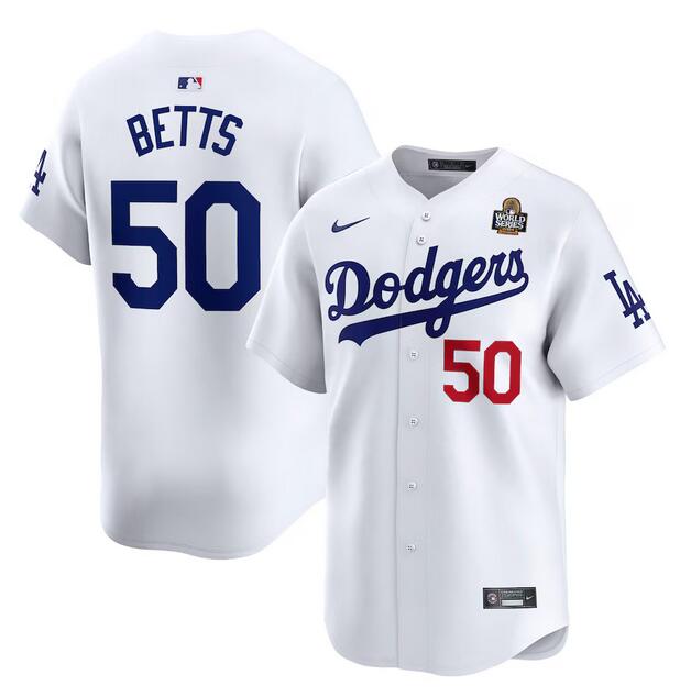 Men's Los Angeles Dodgers #50 Mookie Betts White 2024 World Series Home Limited Stitched Baseball Jersey Men's Los Angeles Dodgers #50 Mookie Betts White 2024 World Series Home Limited Stitched Baseball Jersey